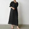 Lady Summer Dress Short Lantern Sleeves Chiffon Textured Loose Patchwork Ruffle Solid
