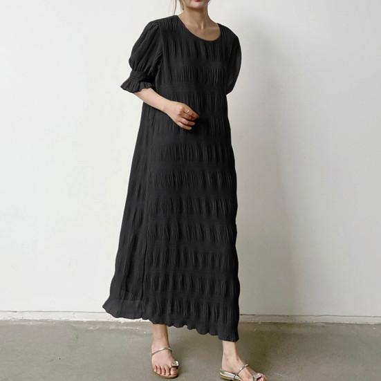 Lady Summer Dress Short Lantern Sleeves Chiffon Textured Loose Patchwork Ruffle Solid