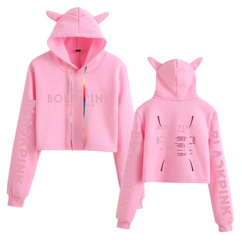 European Style Women's Cat Ear Cropped Hoodie with New Fashion Print