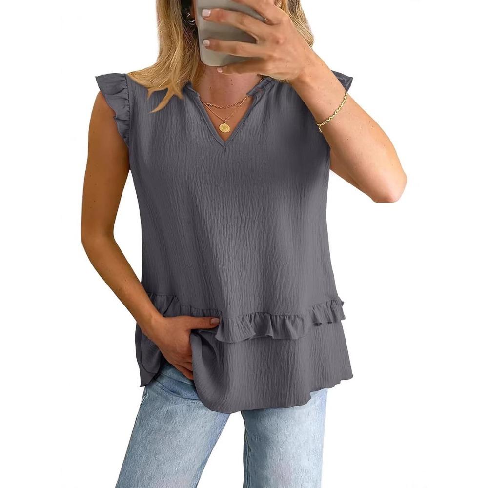 women's Ruffle V Neck Sleeveless Blouse Casual Loose Fit Summer Tunic Tops