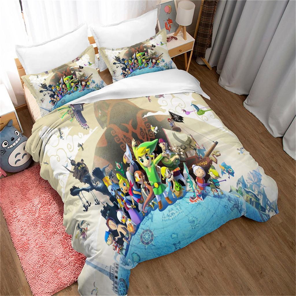 Legend of Zelda Santa Claus Christmas Tree Reindeer Anime Printed Bedding Set Duvet Cover Queen Cotton Cute Cartoon Quilt Cover