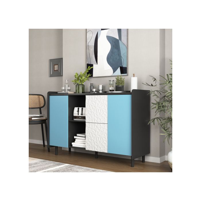 Armoire De Rangement Noire Avec Portes Bleues, Dotée De Deux Tiroirs Au Style Unique Et De Deux Compartiments De Rangement Ouverts.