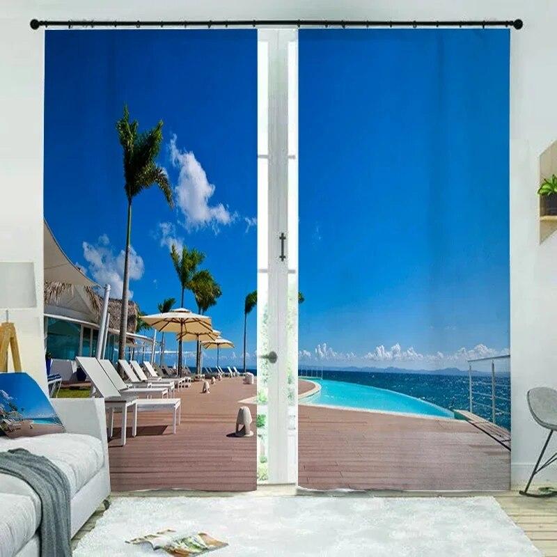 Exquisite Meerblick-Bilder, hohe Verdunkelungsvorhänge, wunderschöne Vorhänge mit Naturlandschaftsmuster, hochwertiges neues Muster