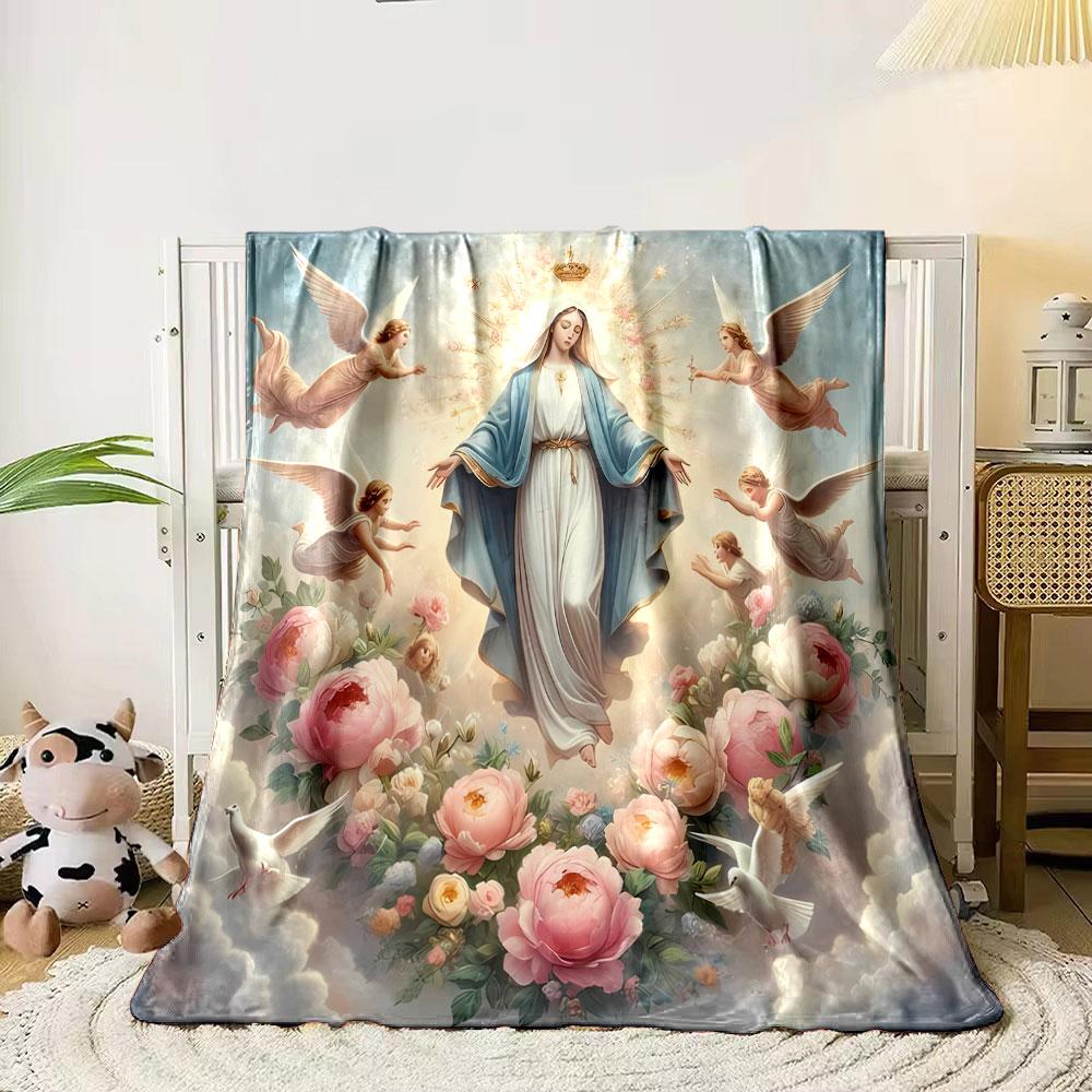 Our Lady Surrounded by Angels and Peonies Cozy Blanket Printed Blanket for Living Room Bed Couch Lunch Break Blanket for Friend's Festival Gift