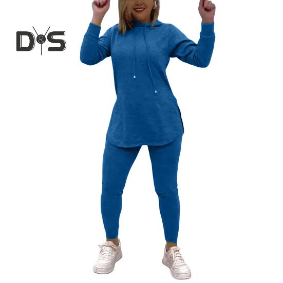 2 ks/sada Dámské Top Kalhoty Set S kapucí Dlouhé Rukávy Jednobarevná Mikina s rozparkem Elastický pas Slim Fit Kalhoty Sportovní outfit Podzim Jarní tepláková souprava