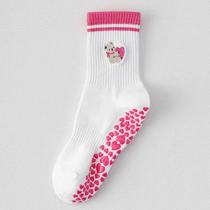 Cartoon Yoga Socken, Damen Professionelle Anti-Rutsch Mid-Calf Socken, Pilates Sport, Indoor Fitness, Weiße Bodensocken