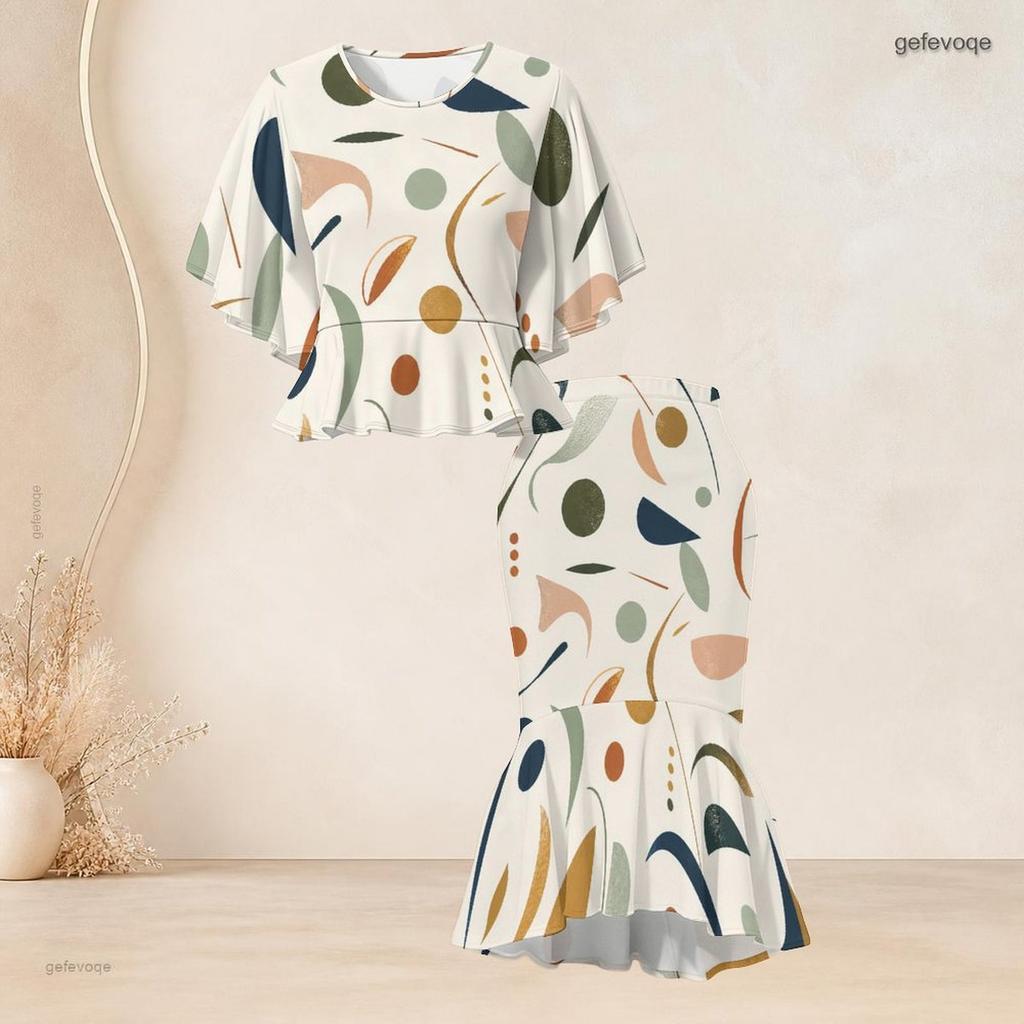 Women Plus Size Round Neck Batwing Short Sleeve Printed Ruffle Hem Top Fishtail Skirt Two Piece Set