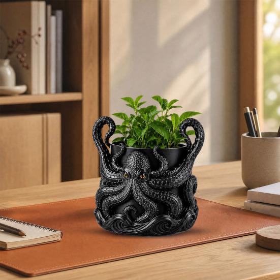 Elegant Garden Flower Pot 3D Printed Octopus Planter with Tray, Creative Succulents Pot, Weather-Resistant Pla Material Container Planting Container,