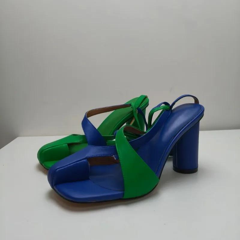 Fashion New Cross Strap Mixed Color Round Heel Sandals European American Runway Style Sexy Side Open Toe High-heeled Women's Shoes 43