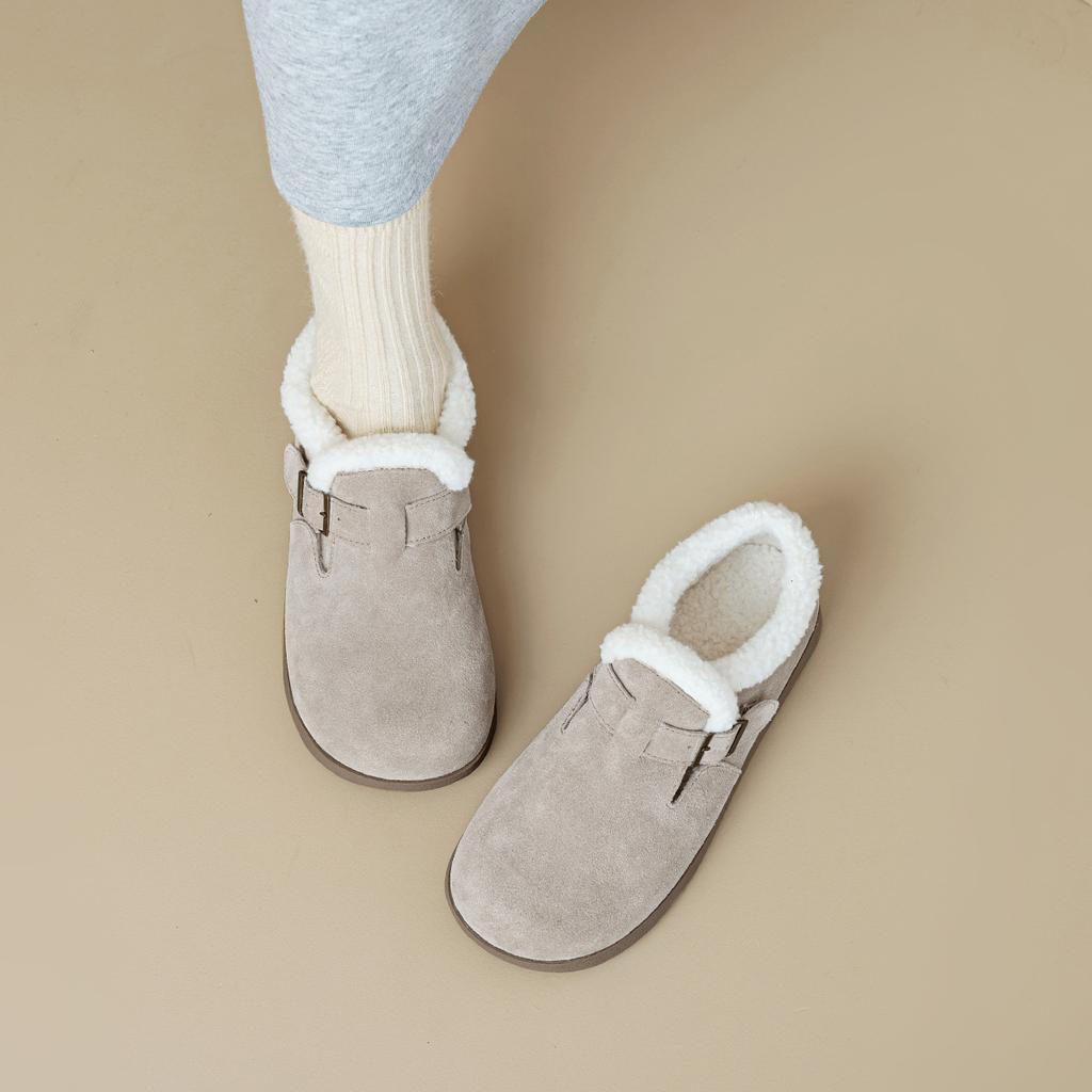 Leather women's winter velvet thick-soled one-pedal single shoes warm cotton shoes