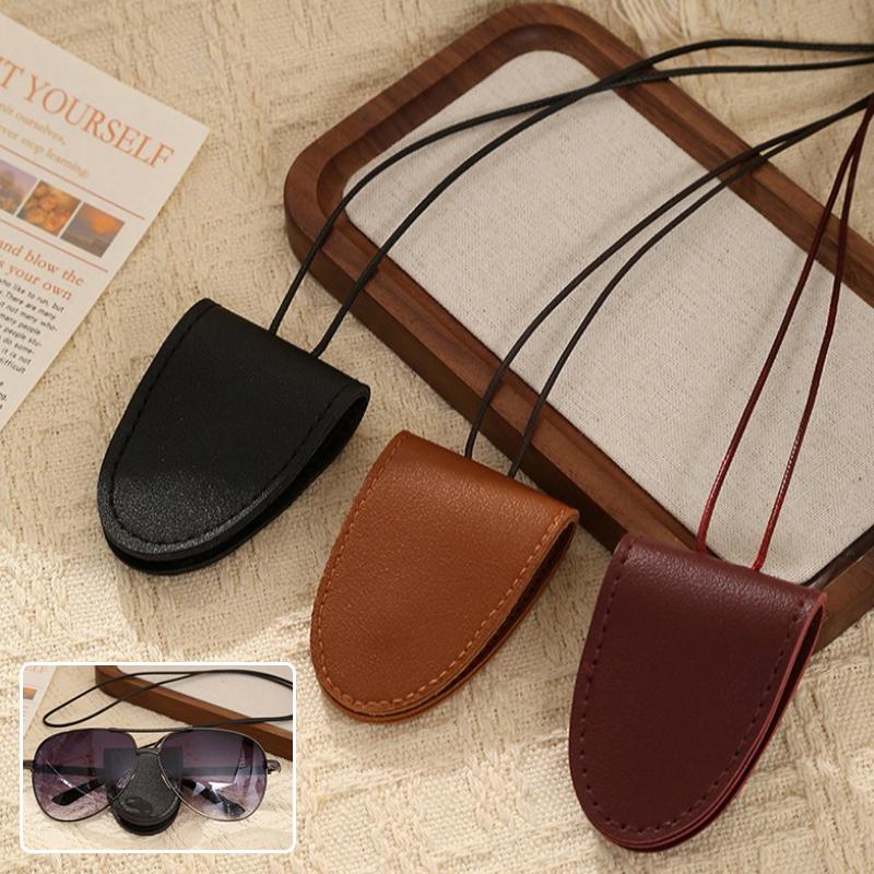 Stylish Minimalist Solid-Color Eyeglass Storage Clip Snap-Fastener Leather Neck Strap Holder Durable Glasses Organizer