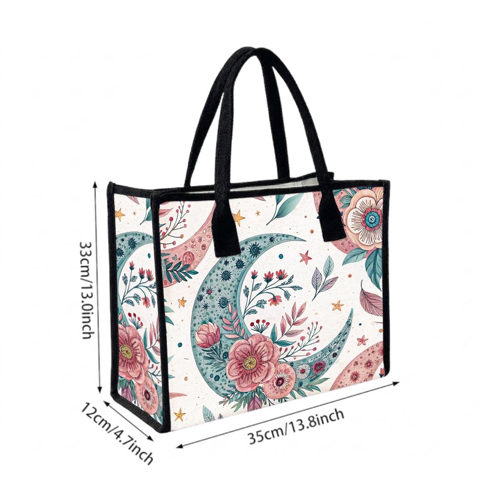 Bohemian Moon Flower Print Tote Bag Fashion Casual Large Capacity Daily Shopping Shoulder Handbag