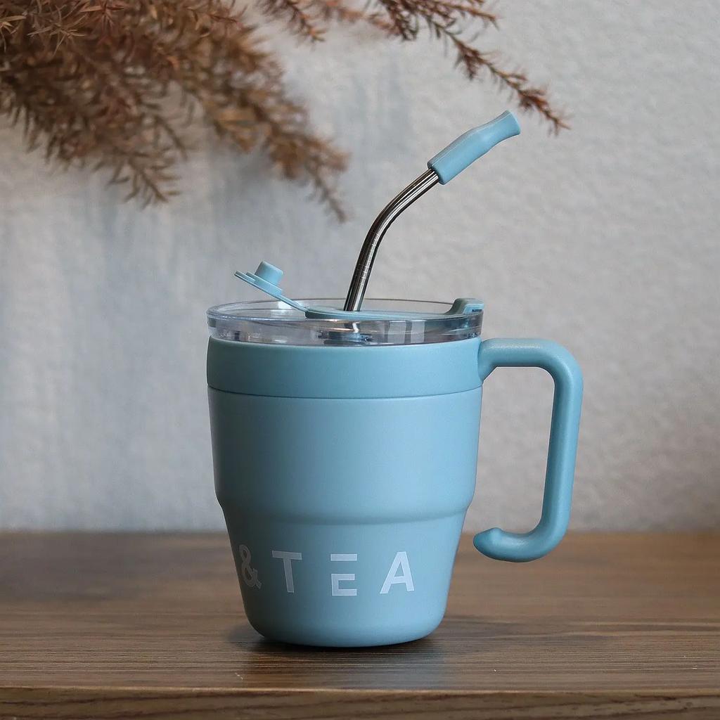 480ml Coffee Cup with Straw Lid Stainless Steel Thermos Mug for Hot Cold Drinks Water Tea Milk Office Outdoor Portable Bottle