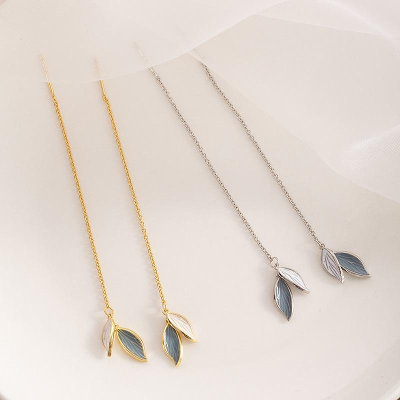 Fashion Jewelry 925 Sterling Silver Enamel Leaf Tassel Chain Earring for Women Simple Casual Earring Piercing Jewelry