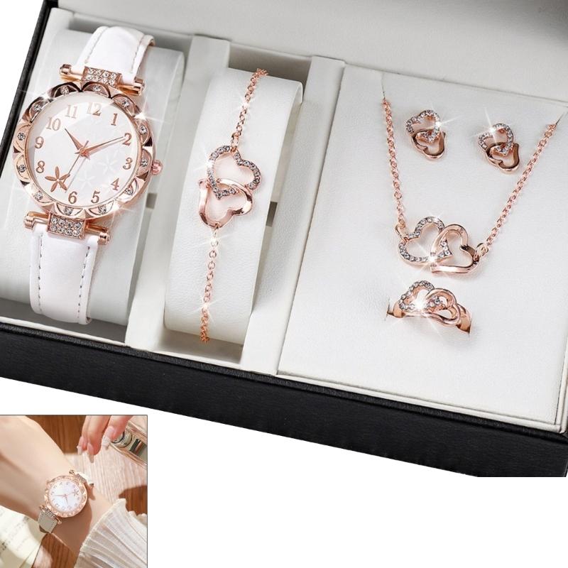 Stylish Watch with Matching Pendant Necklace Chain Bracelet Rings Butterfly Studs Earrings Jewelry Set Alloy Texture