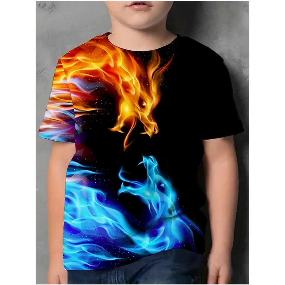 Kids Flaming Dragon 3D Digital Printed Boys' Fashion and Comfortable Round Neck Short Sleeved T-shirt