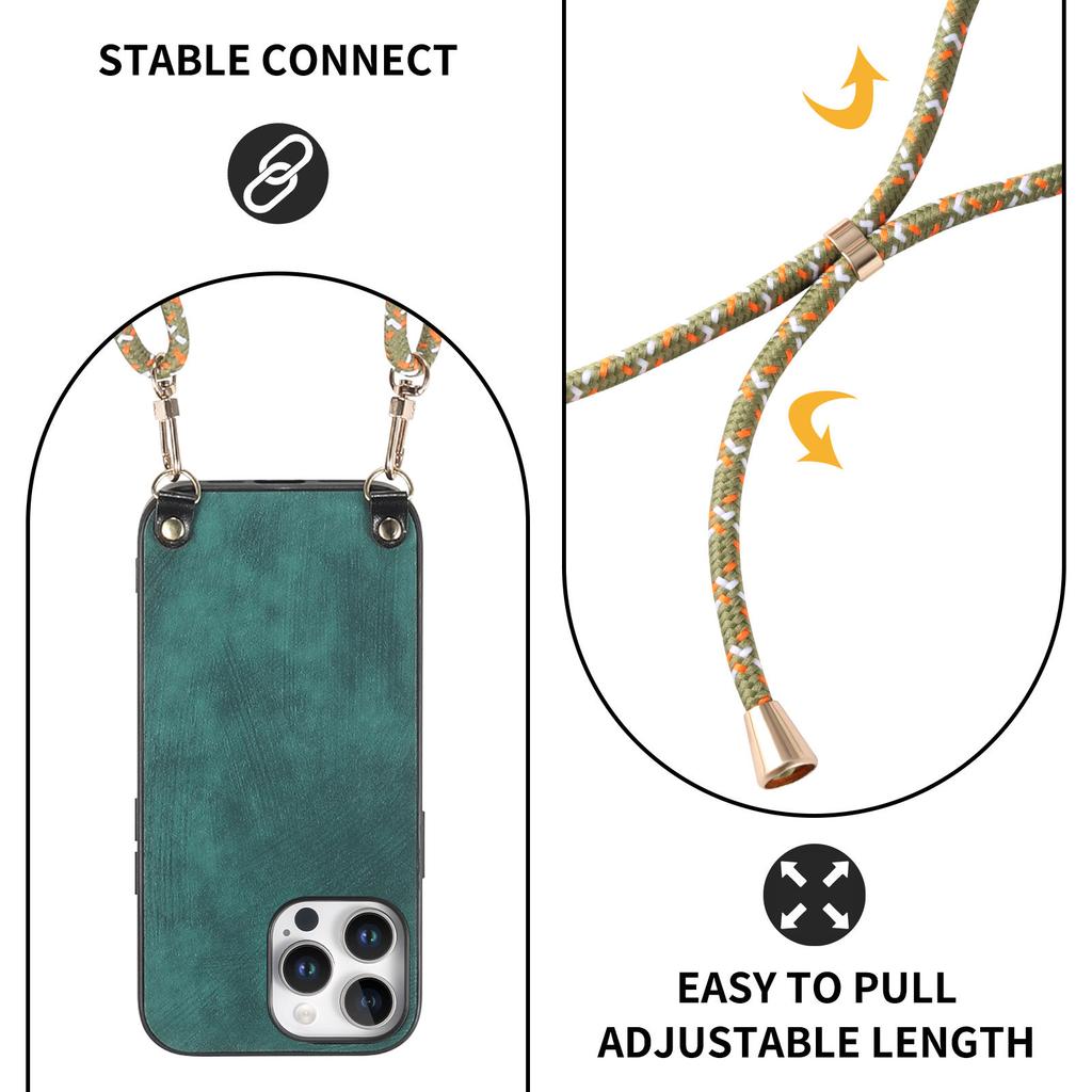 For iPhone 16 Pro Max Case Retro Texture Leather Coated PC+TPU Phone Cover with Hanging Rope