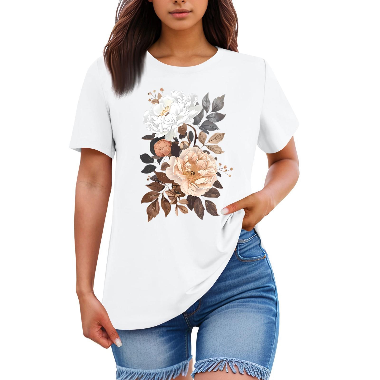 

Ladies Loose Comfortable Casual Fashionable Plant Flower Printed Round Neck Short Sleeved Shirt XL білий