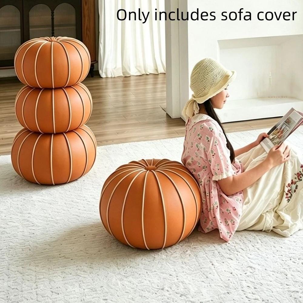 PU Leather Pouf Ottoman Cover Unstuffed Large Capacity Pumpkin Pouf Cover Round Minimalist Sofa Footstool Cover Entrance