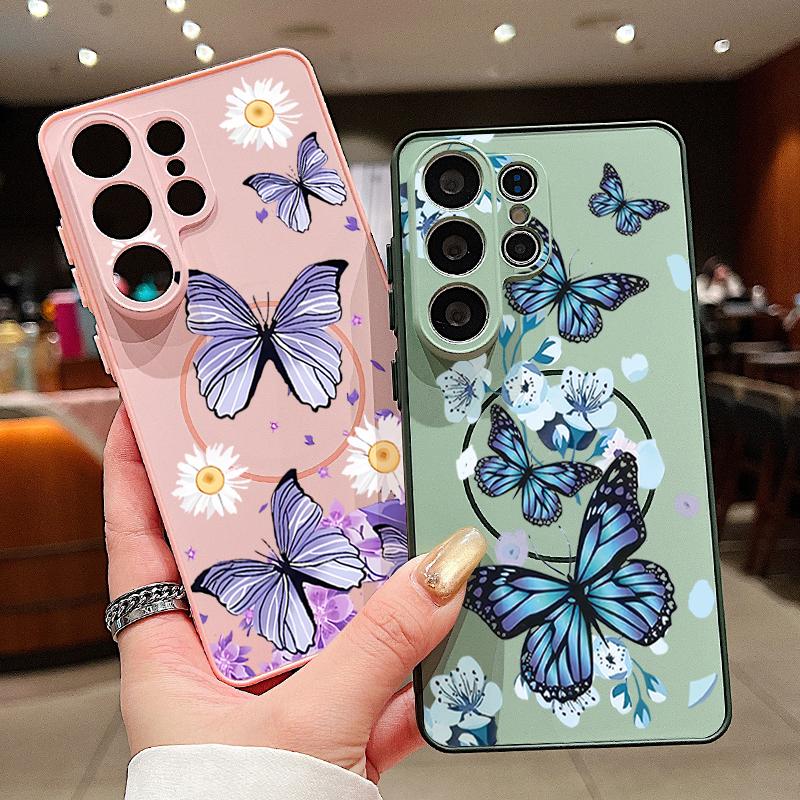 Coque à Motif Fleurs Papillons Pour Samsung Galaxy S26 Ultra S25 Edge S24 Plus S23 FE S22 A17 A54 A55 A56 A57 5G Magnétique Pour Magsafe Housse Mate