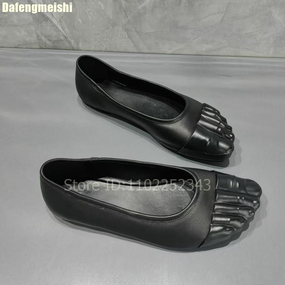 Fashion Black Five-Toe Flats Shoes Slip On Fashion Casual Shoes Shallow Mary Jane Round Toe Leather Shoes 2025 New Women Sheepskin Shoes