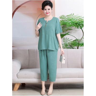 Women's Plus Size Summer Solid Color Simple Loose Suit Middle-aged and Elderly Short-sleeved Top + Nine Pants Two-piece Suit