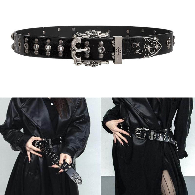 Gothic Studded Belt for Women Slightly Adjustable Clasp Double Row Hole Nonslip Design PU Leather Waistband