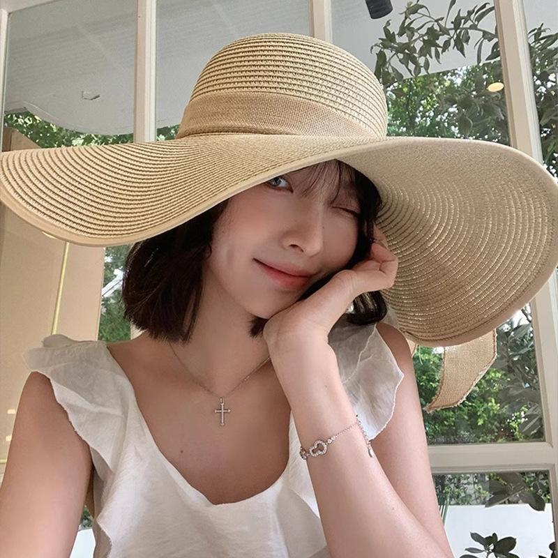 Big Hat Brim Wavy Lace Bow Knitted Straw Hat Women Travel Sun Protection Sun Hat Beach Sun Hat