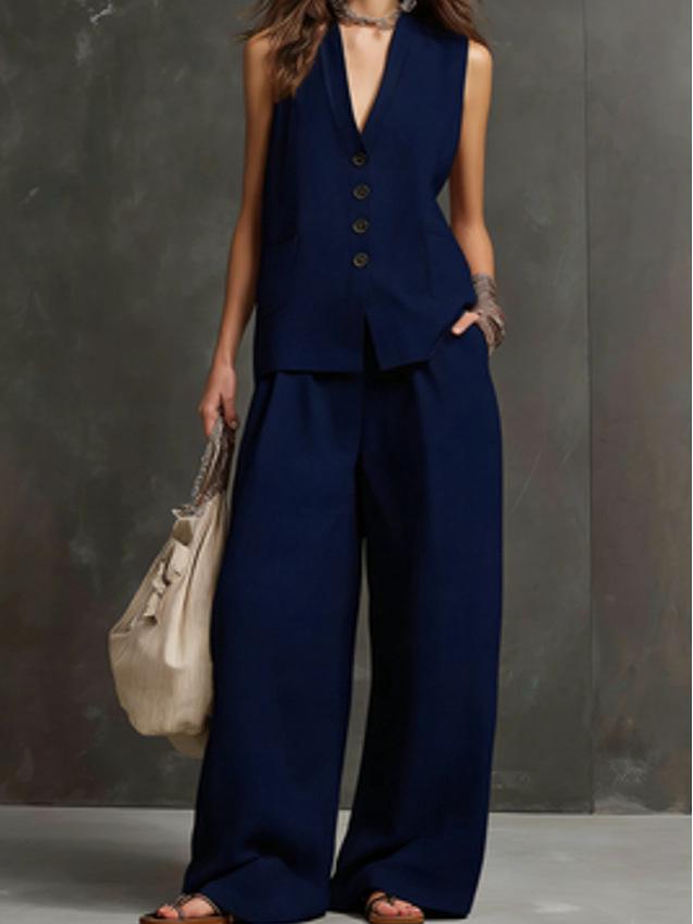 2026 Women's Cotton Linen Two-Piece Sleeveless Vest & Wide-Leg Pants Set