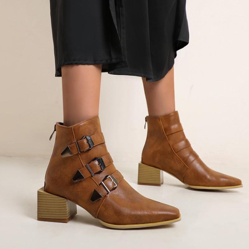 Womens Pointed Toe Chunky Heel Ankle Boots - Motorcycle Style Short Winter