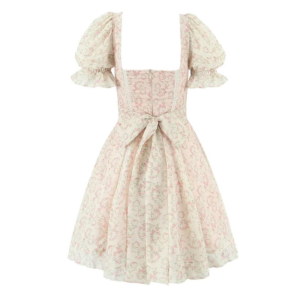 Pure desire French sweet temperament printed bubble sleeve square neck princess dress bow lace splicing waist dress