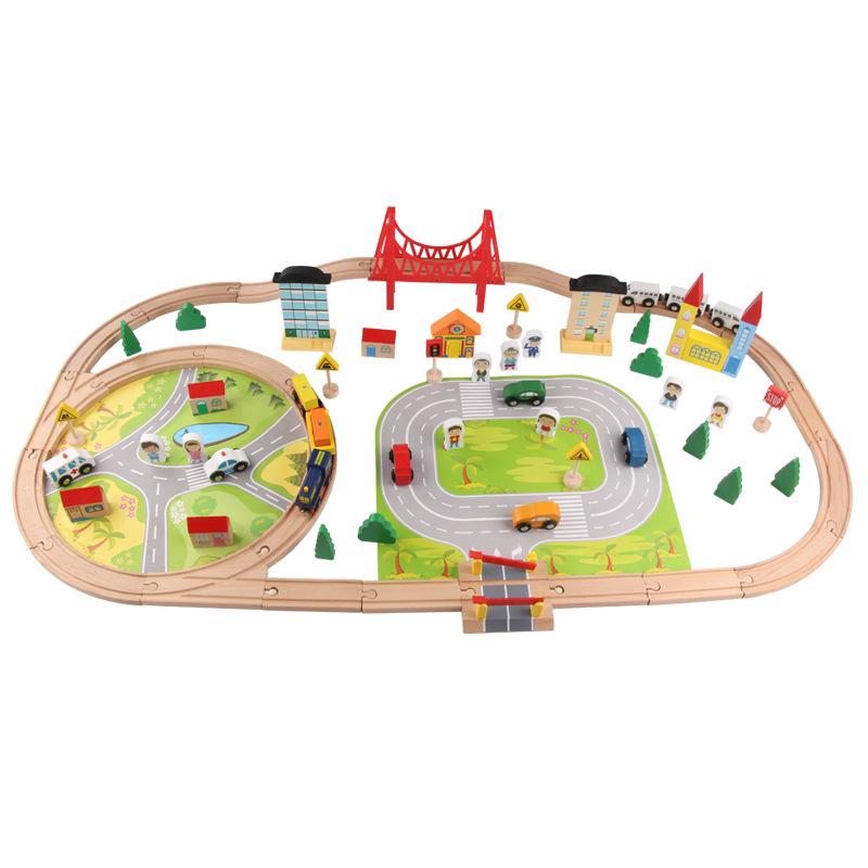 Children'S Wooden Early Education 82 Pieces Simulation Track Small Train Urban Traffic Road Parent-Child Set Toys