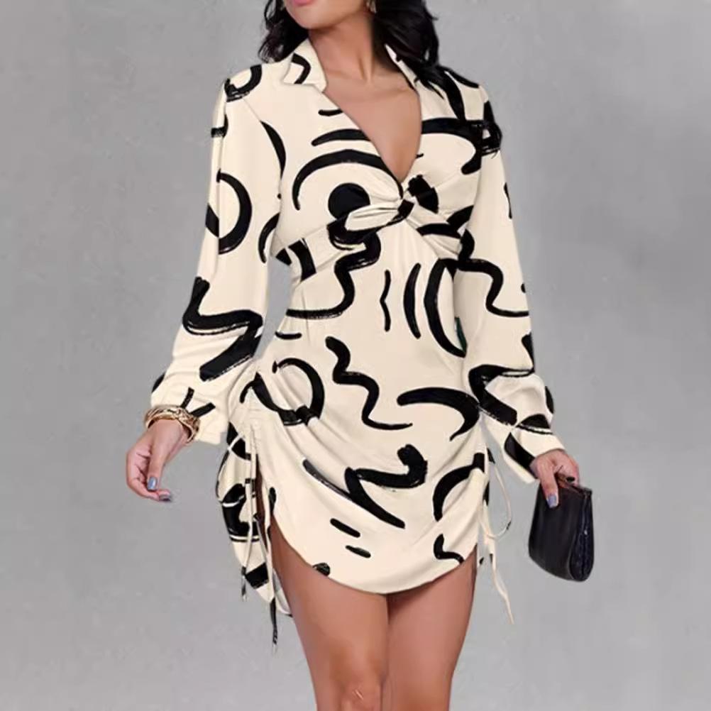 

GMXIA Осенняя мода принт талия талия сбоку кулиской платье для женщин XXL абрикосовый