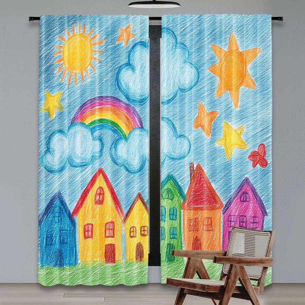 Set Of 2 Flat Printing Scene Curtains Colorful Sunny Village Digital Printed Polyester Drapes Birthday Party Use Event Curtain