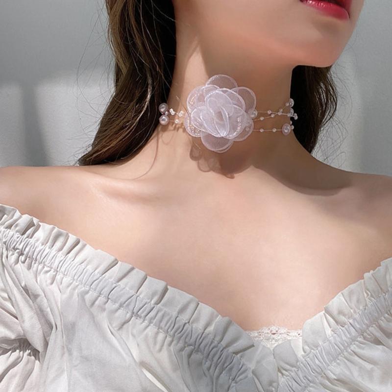Elegant Multilayer Pearl Choker Necklace Vintage Lace Flower Chain Necklace For Women Fashion Wedding Jewelry Gift