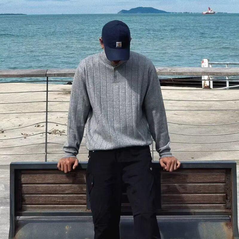 Мужской осенне-зимний свитер в корейском стиле с воротником-хенли, свободной вязки XXXL серый