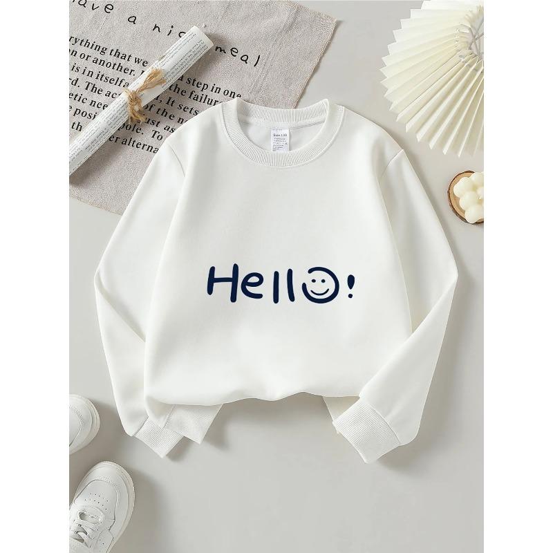 European sizes Kids' Crewneck Sweatshirt - Hello Joyful Face Pattern Print , Sportswear And Casual Wear, Soft And Comfortable, Children's Clothing