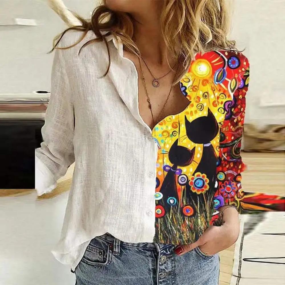 Fashion Stitching Retro Face Print Long Sleeve Blouse Women Lapel Button Casual Top Lady Shirts