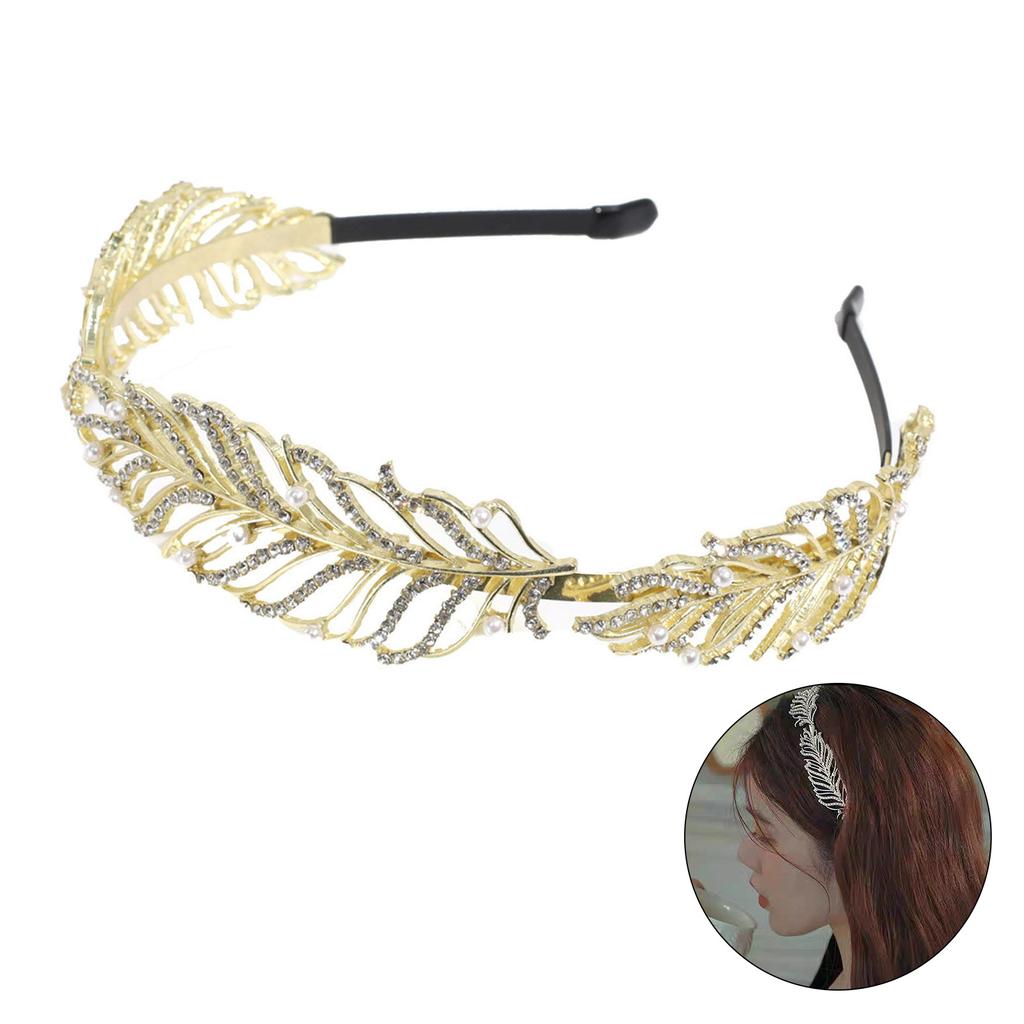 Feather Shape Rhinestone Headband for Traveling Taking Photo Girl Baroque Style Hair Hoop Wedding Party Bride Hairband