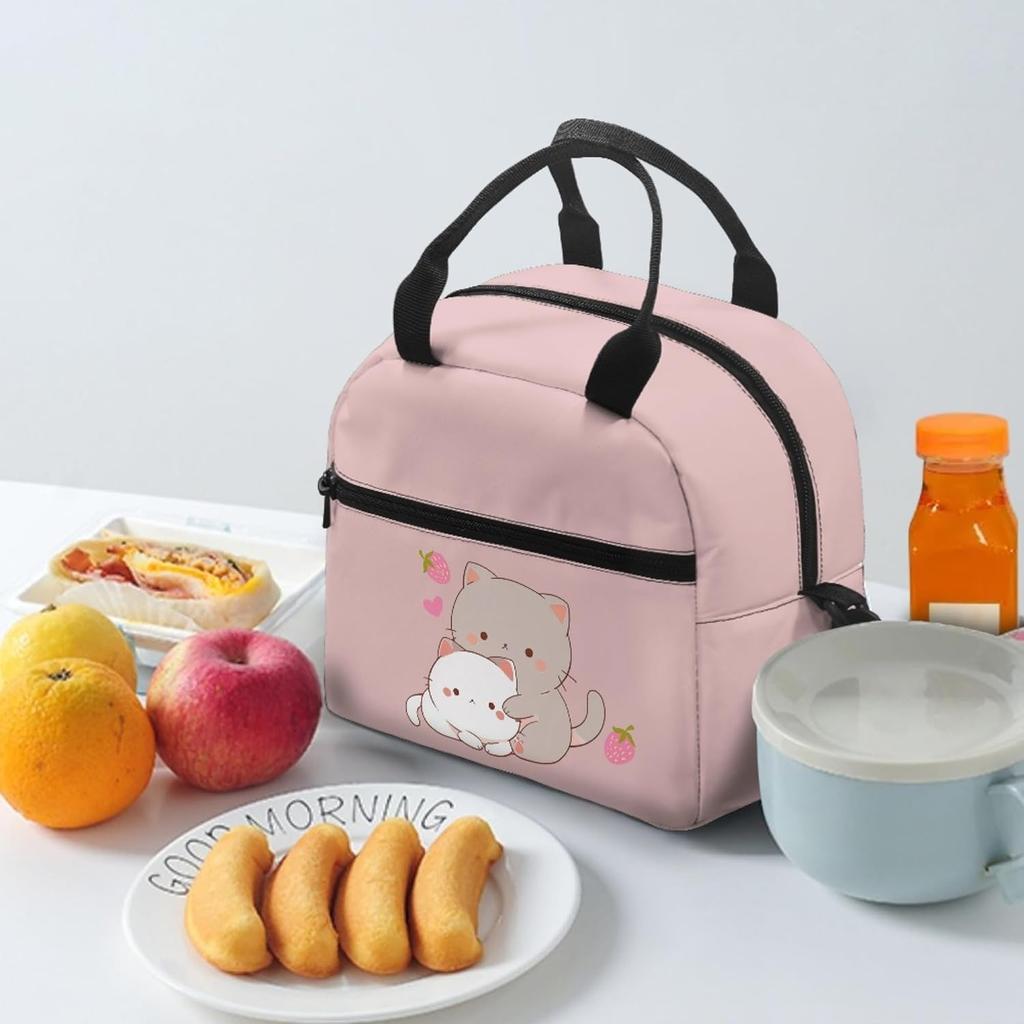 Kawaii Erdbeer-Katze Lunchtasche für Mädchen Kinder 8-10 10-12 Isoliert Lunchbox Tragbar Kühlbox Lunchbag Tragetasche Handtasche Mahlzeitenvorbereitung Organizer Arbeit Schule