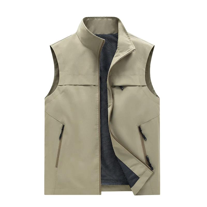 Spring Summer Fashion Casual Stand Collar Vest Men Solid Color Sleeveless Jacket Fishing Hiking Vest Male Lightweight Waistcoat