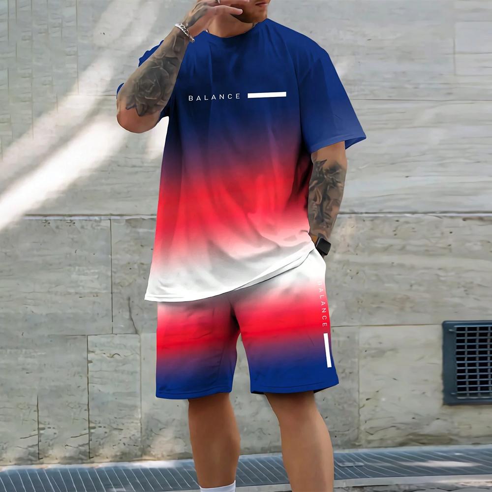 Men's Gradient Sports Set Casual Comfortable Beach Suit Shirt + Pants 2 Piece Set