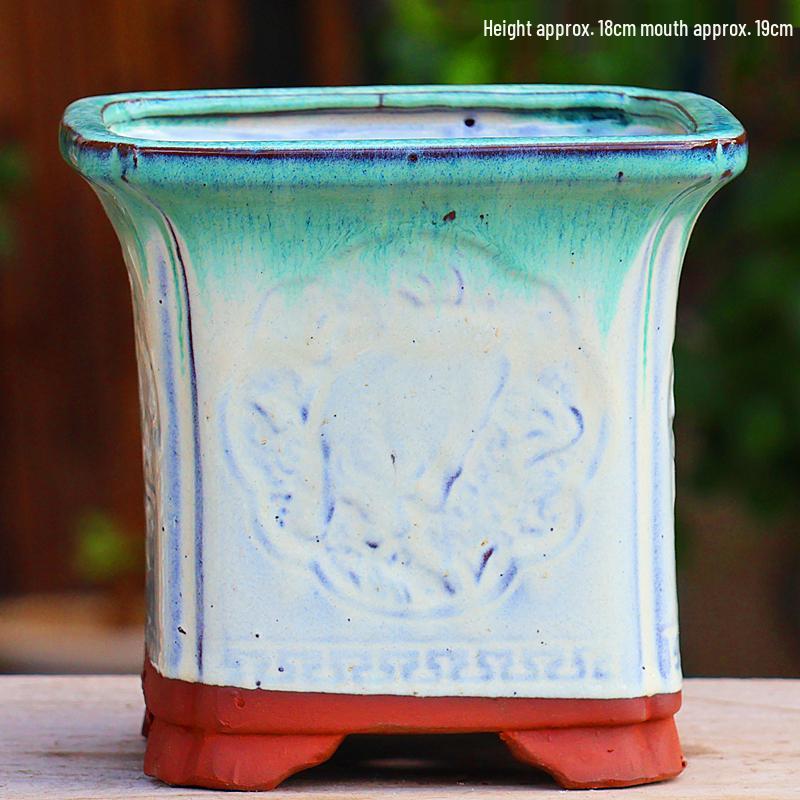 Creative Handmade Coarse Pottery Terracotta Pot - Large Square Glossy Glazed Planter with Low Breathable Rim for Succulents and Pothos