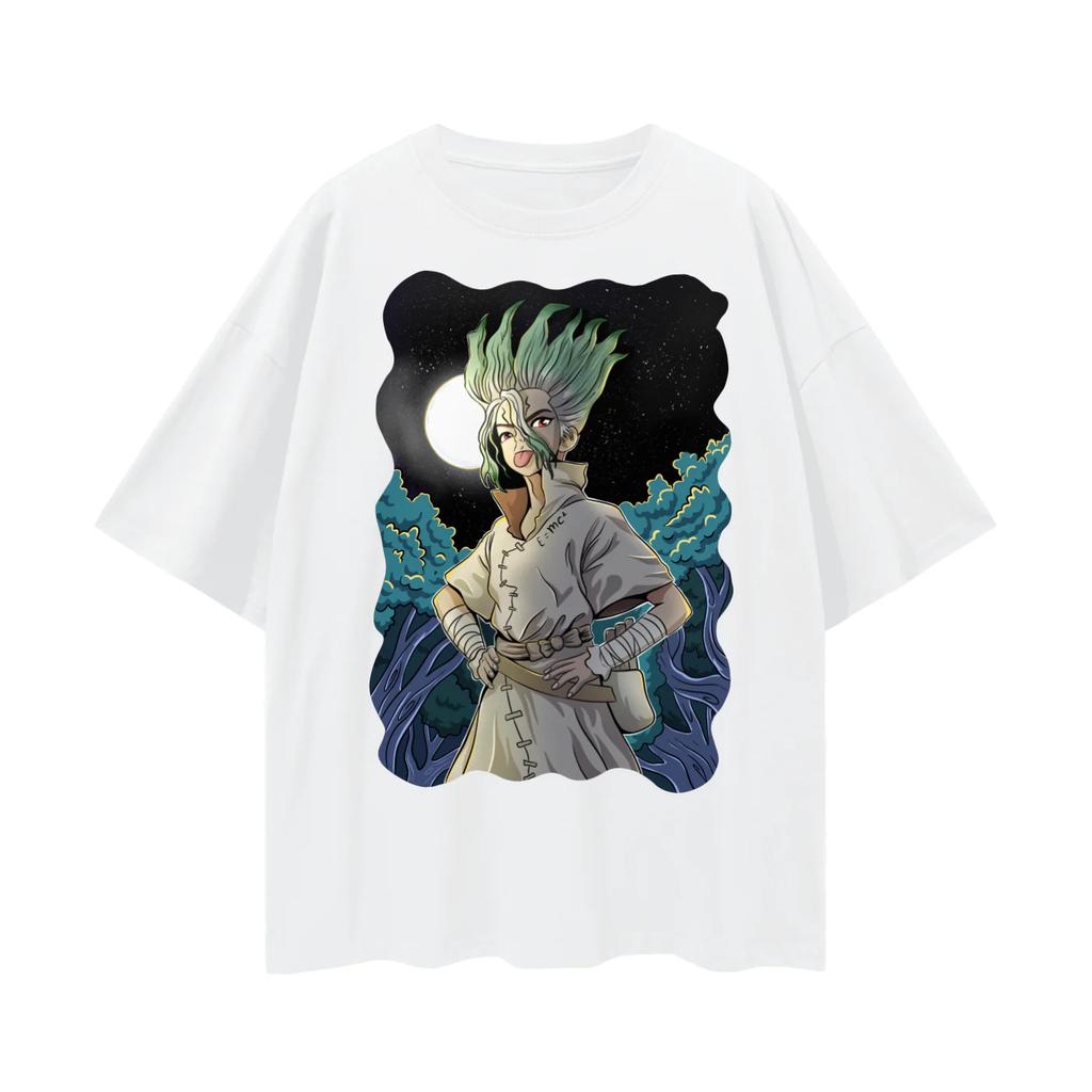 Dr Stone Senku Anime Graphic Cotton T Shirt for Unisex 2025 Summer Casual Streetwear Green Hair Funny Tongue Out Printed Tee