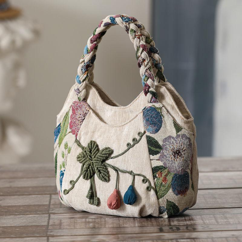 Ethnic Style Floral Embroidered Canvas Tote Bag with Lightweight Woven Strap and Zipper Closure