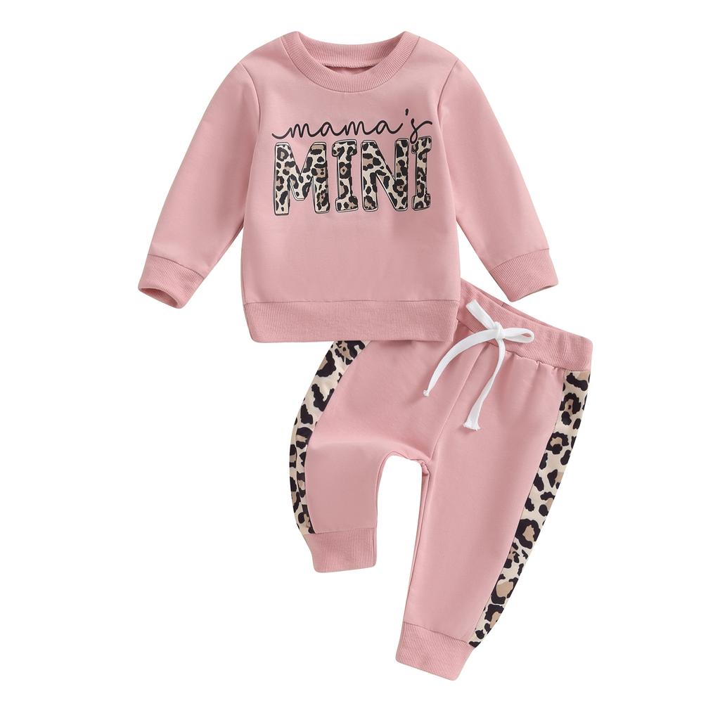 Toddler Girl Fall Clothes Letter & Leopard Print Long Sleeve Pullover Strap Pants 2 Pcs Outfit