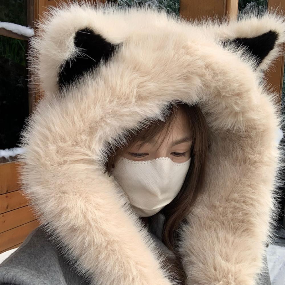 Windproof Plush Vixen Ear Beanie Hat Thicken Hooded Scarf Cute Integrated Cap Scarf Outdoor