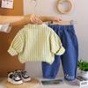 Boys' long sleeved 2-piece set, 0-5-year-old Children's fruit printed shirt, casual denim pants, High-quality children's clothing