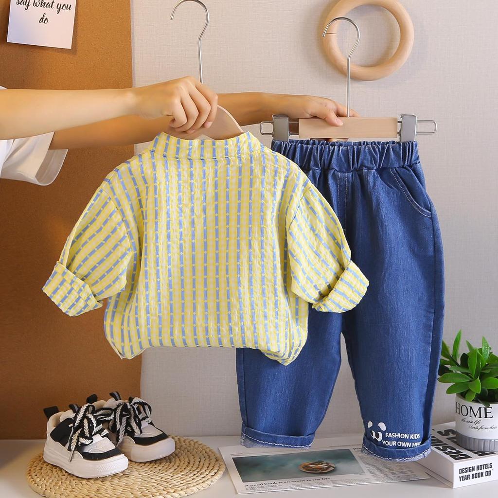 Boys' long sleeved 2-piece set, 0-5-year-old Children's fruit printed shirt, casual denim pants, High-quality children's clothing