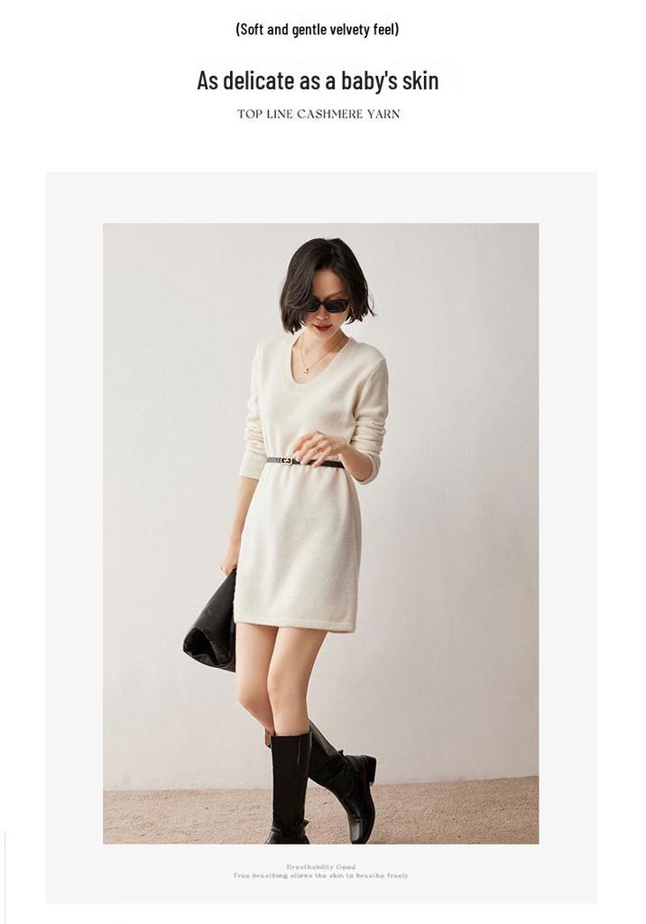 Cashmere Knit U-Neck Mid-Length Sweater Dress - Autumn/Winter Loose Fit Japanese Style.